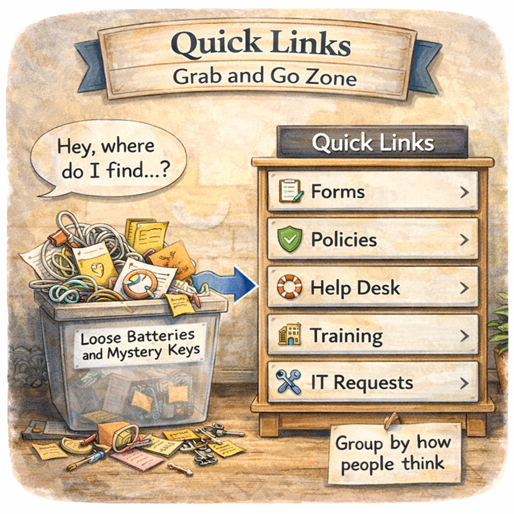 Quick Links shown as labeled drawers for Forms and Policies, not a messy pile of random links. Quick Links shown as labeled drawers for Forms and Policies, not a messy pile of random links.
