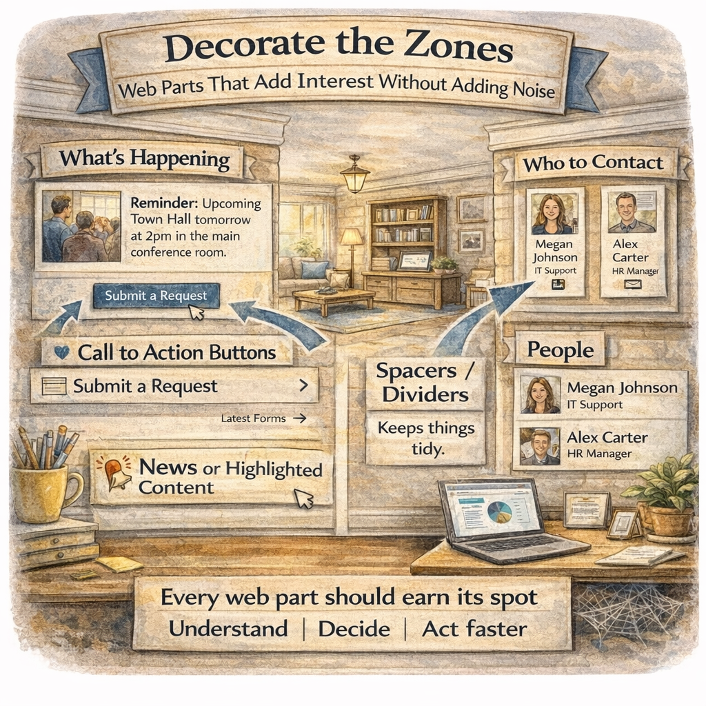 SharePoint page zones decorated with web parts: images, CTA button, People, and spacing for clarity. SharePoint page zones decorated with web parts: images, CTA button, People, and spacing for clarity.