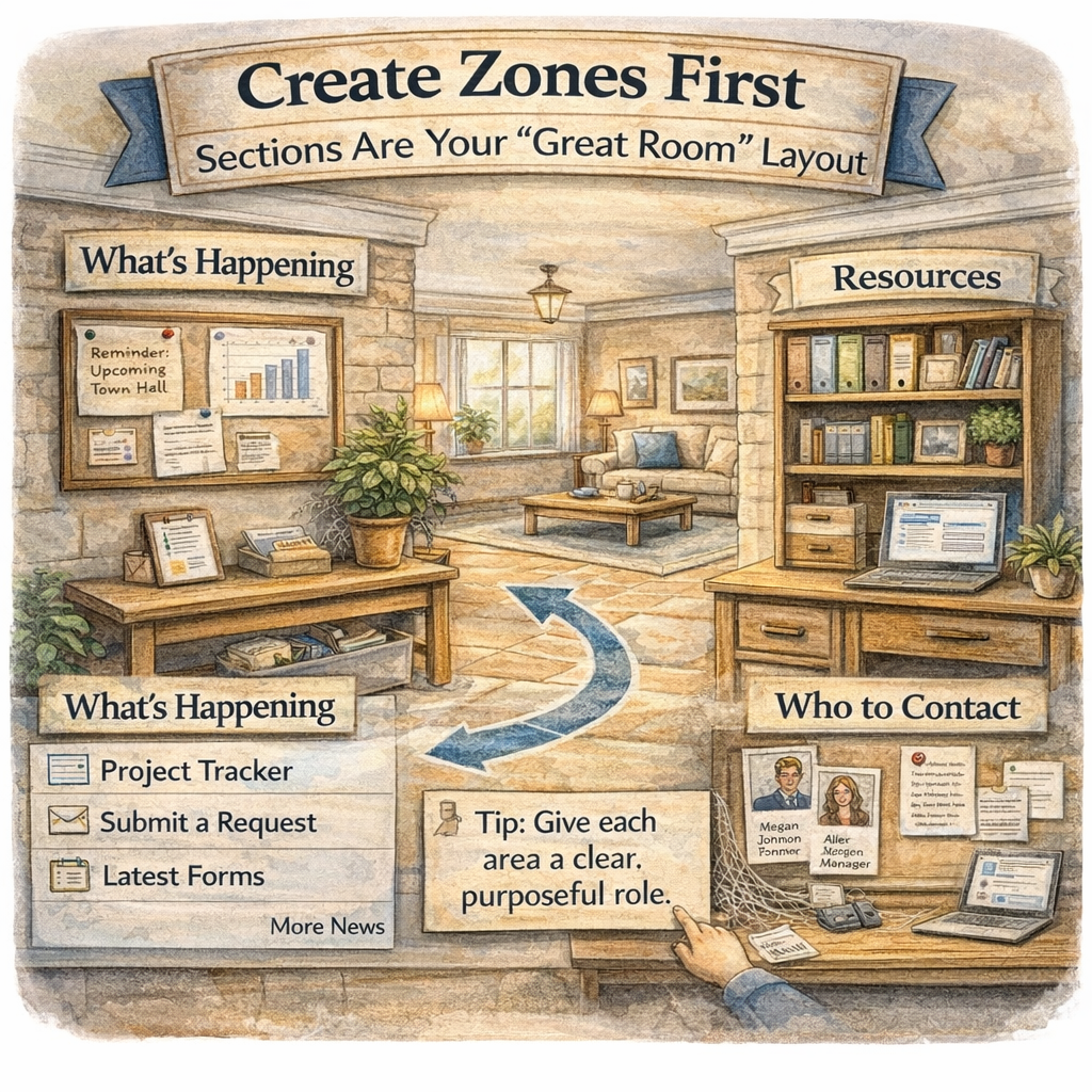 Great room page layout with clear zones for updates, next steps, resources, and contacts. Great room page layout with clear zones for updates, next steps, resources, and contacts.