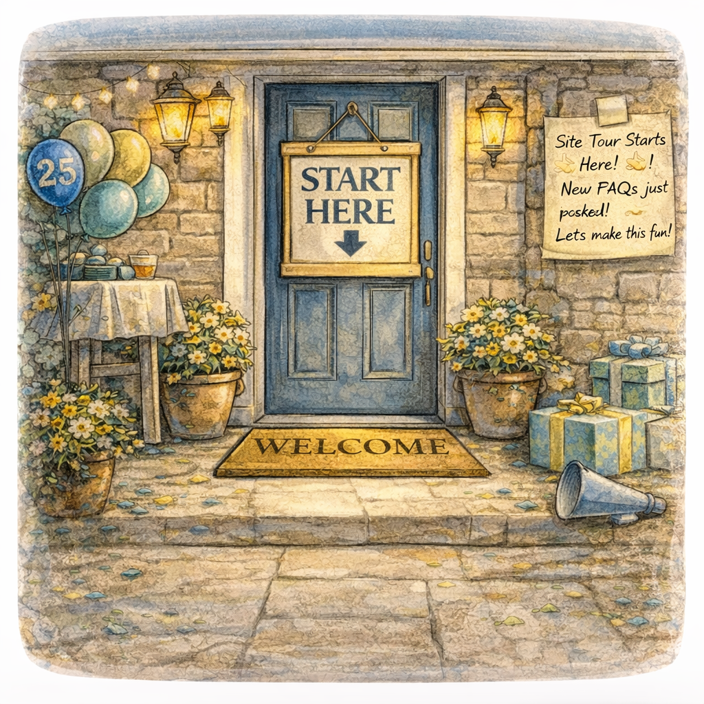 Housewarming front door with ‘Start Here’ sign, balloons, welcome mat, and party decor. Housewarming front door with ‘Start Here’ sign, balloons, welcome mat, and party decor.