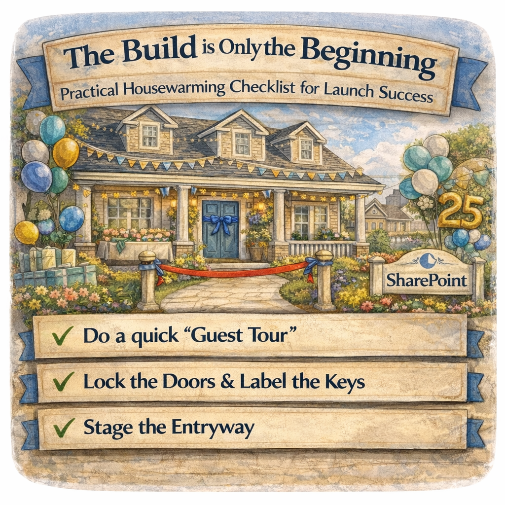 SharePoint 25th housewarming scene with launch checklist: guest tour, lock doors, stage entryway. SharePoint 25th housewarming scene with launch checklist: guest tour, lock doors, stage entryway.