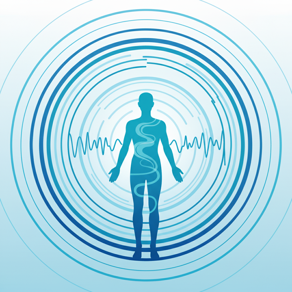 illustration of shockwaves in blue and teal in and around an outline of a human body