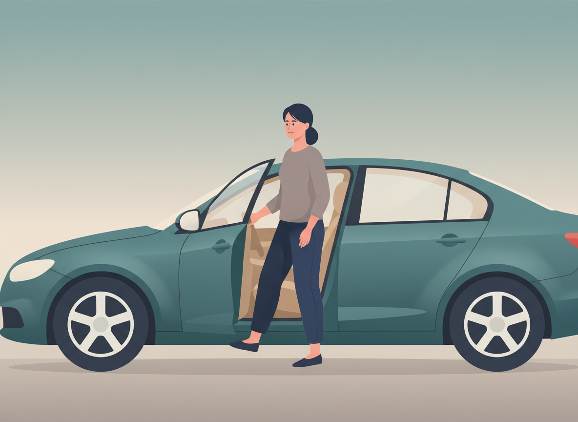 illustration of woman standing next to vehicle as if to enter or exit illustration of woman standing next to vehicle as if to enter or exit