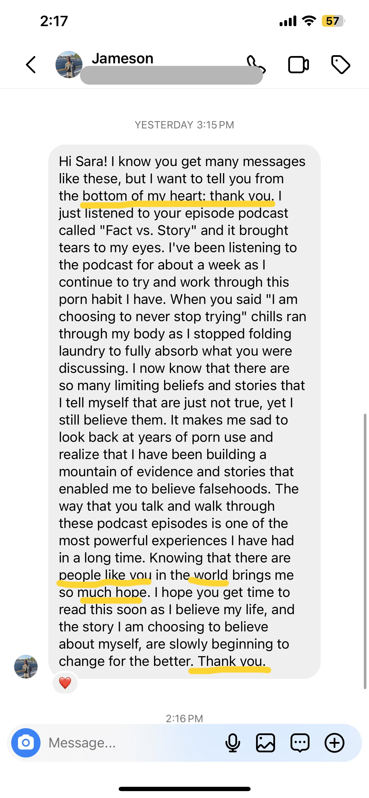Testimonial: thank you from the bottom of my heart