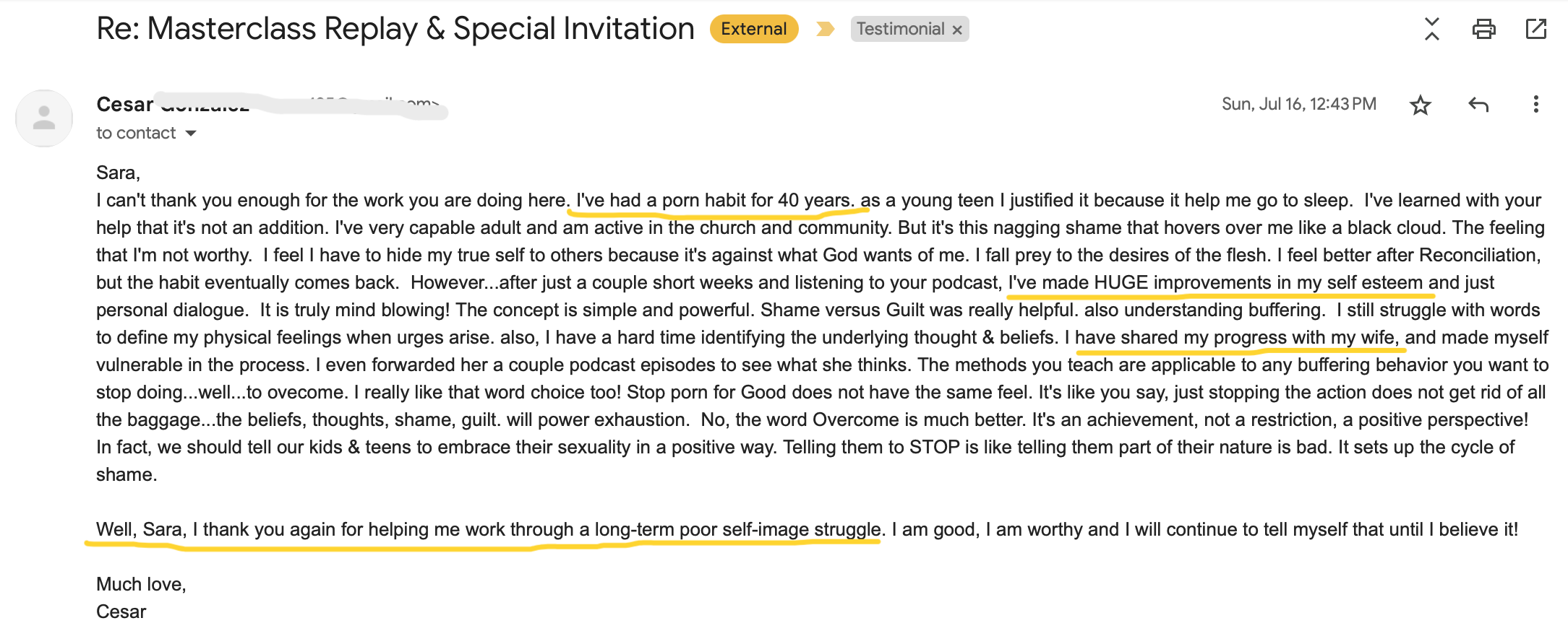 Testimonial: helped with long-term poor self-image struggle