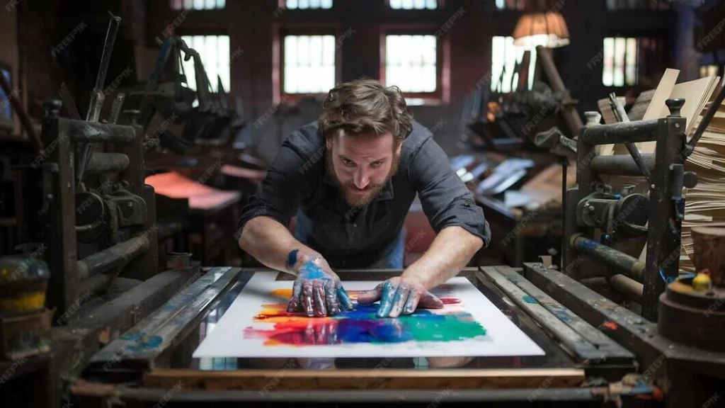 Print worker operating commercial printing press with paper and paints - TSG Group Hempstead NY