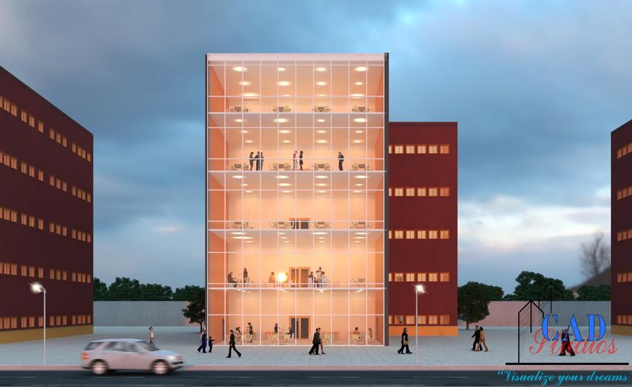 Glass office building night render