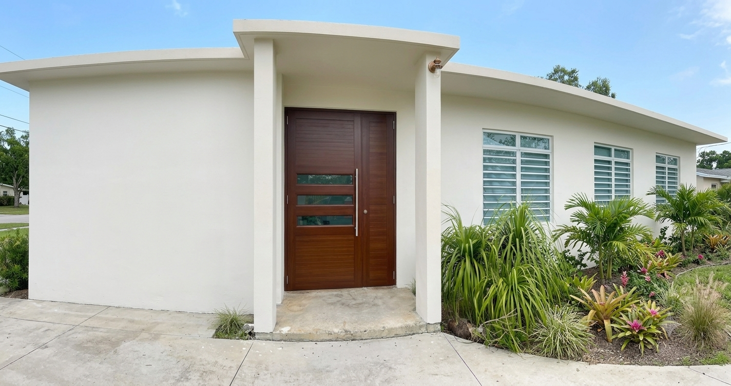 Photorealistic, professional image of a modern, stylish home entrance featuring a luxurious 