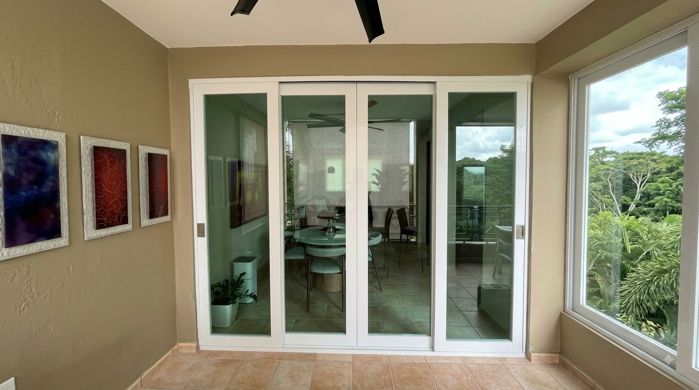 Puerta corrediza profesional en interior moderno separando dormitorio y área de clóset