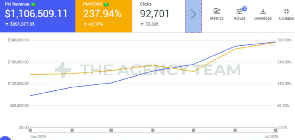 Performance Max chart: revenue and profit on ad spend (POAS) both rising from January to July 2025