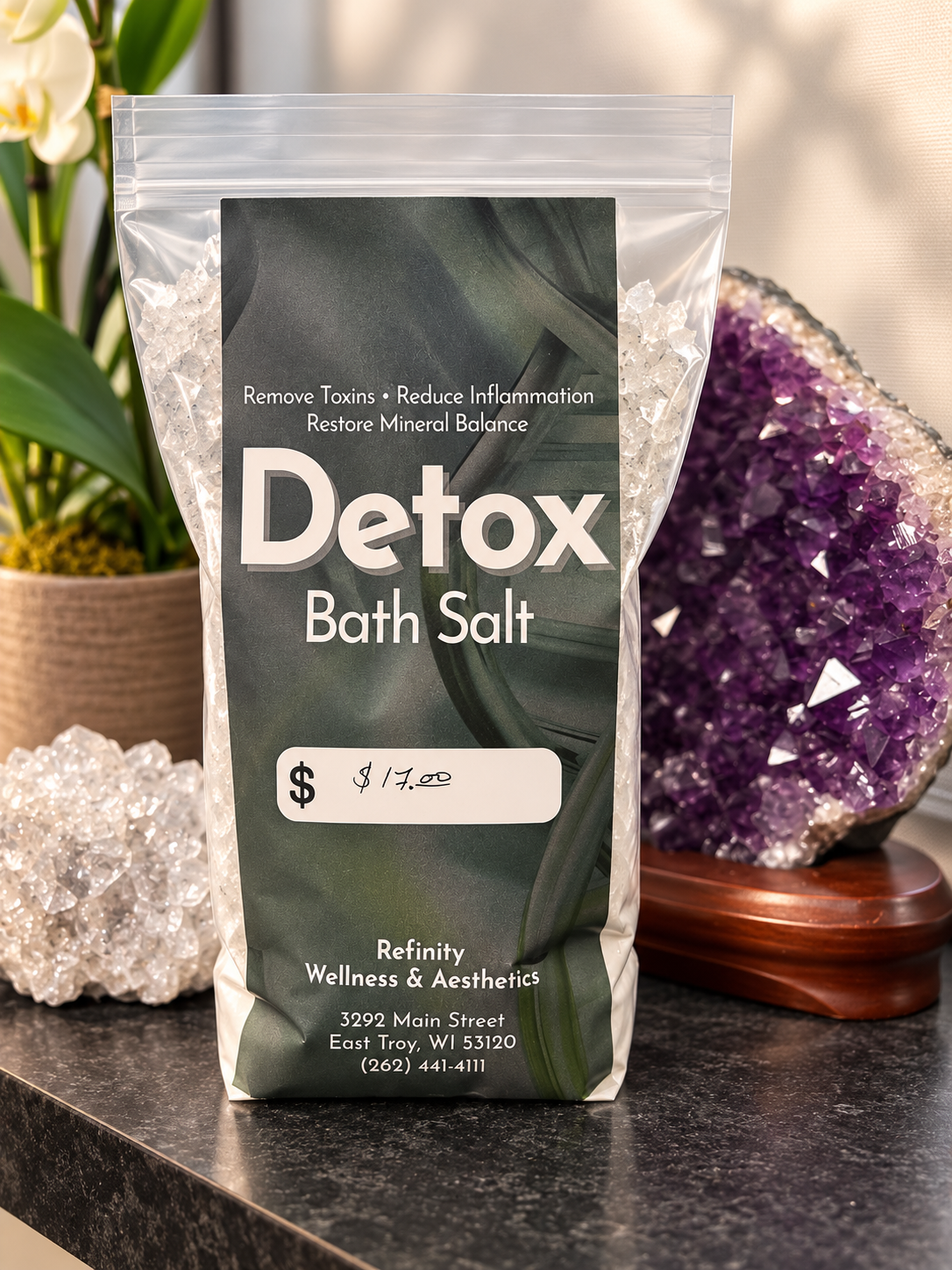 A bag of Detox Bath Salt at Refinity Wellness & Aesthetics