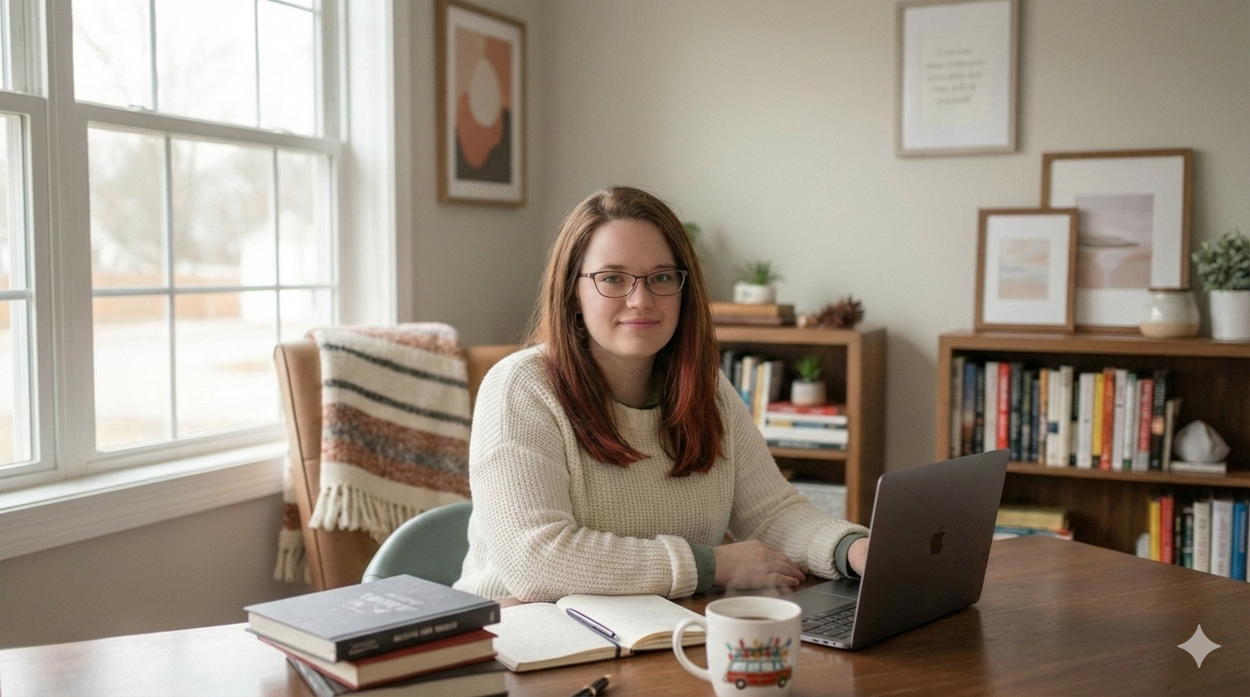 AICass drinking Coffee at a table in her rural kitchen, with snow in the background, candle on the table, looking at her laptop AICass drinking Coffee at a table in her rural kitchen, with snow in the background, candle on the table, looking at her laptop