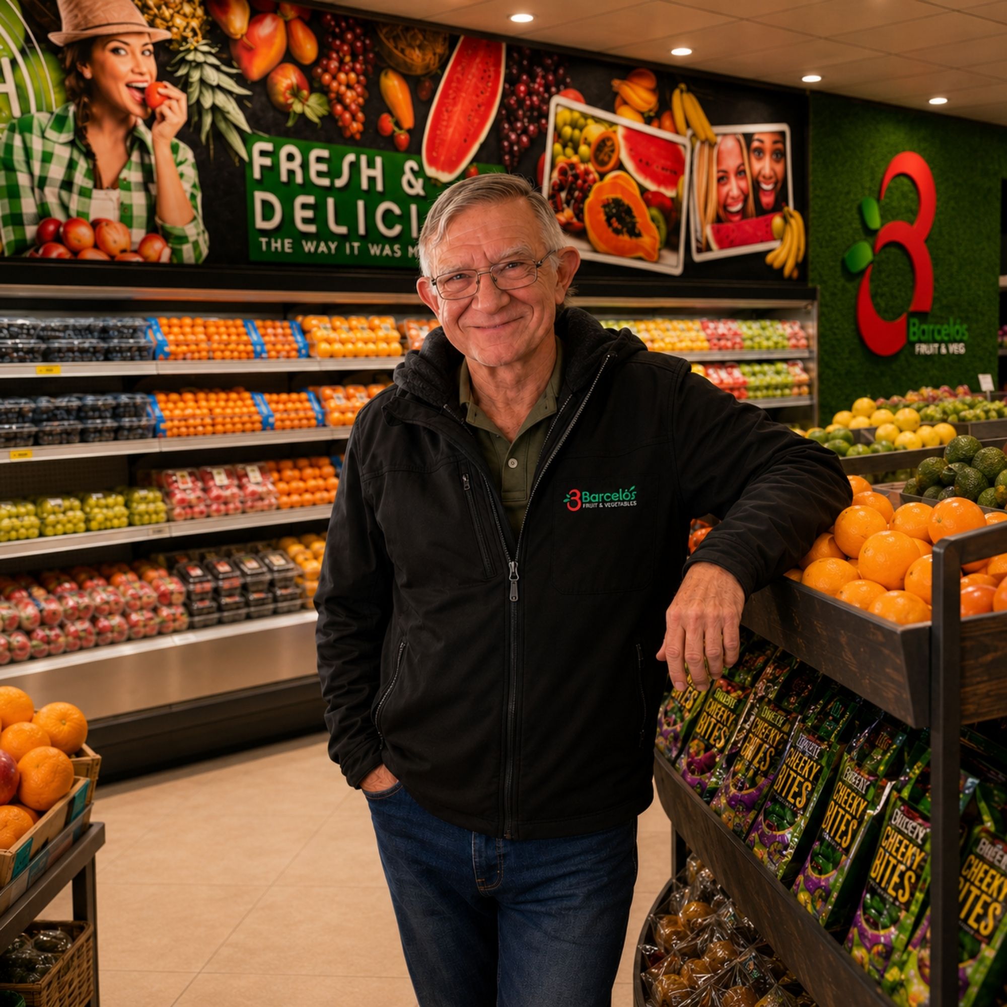 Uncle Johnny at Barcelos Fruit & Veg, Alberton's family greengrocer, surrounded by fresh produce