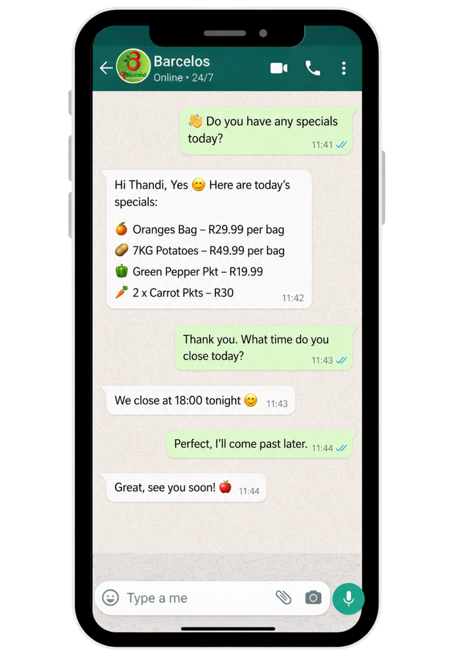 WhatsApp chat with Barcelos about specials and closing time