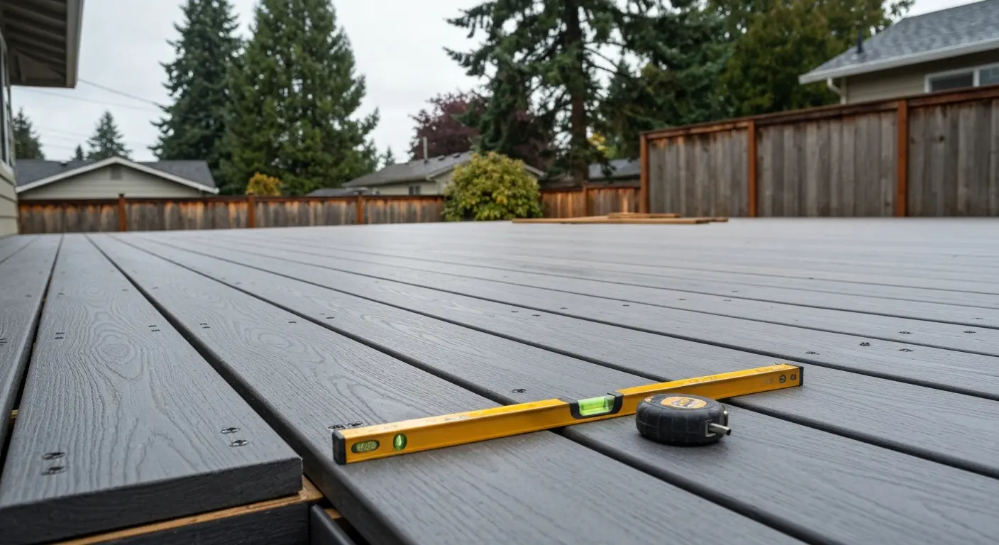 Composite deck with durable gray boards