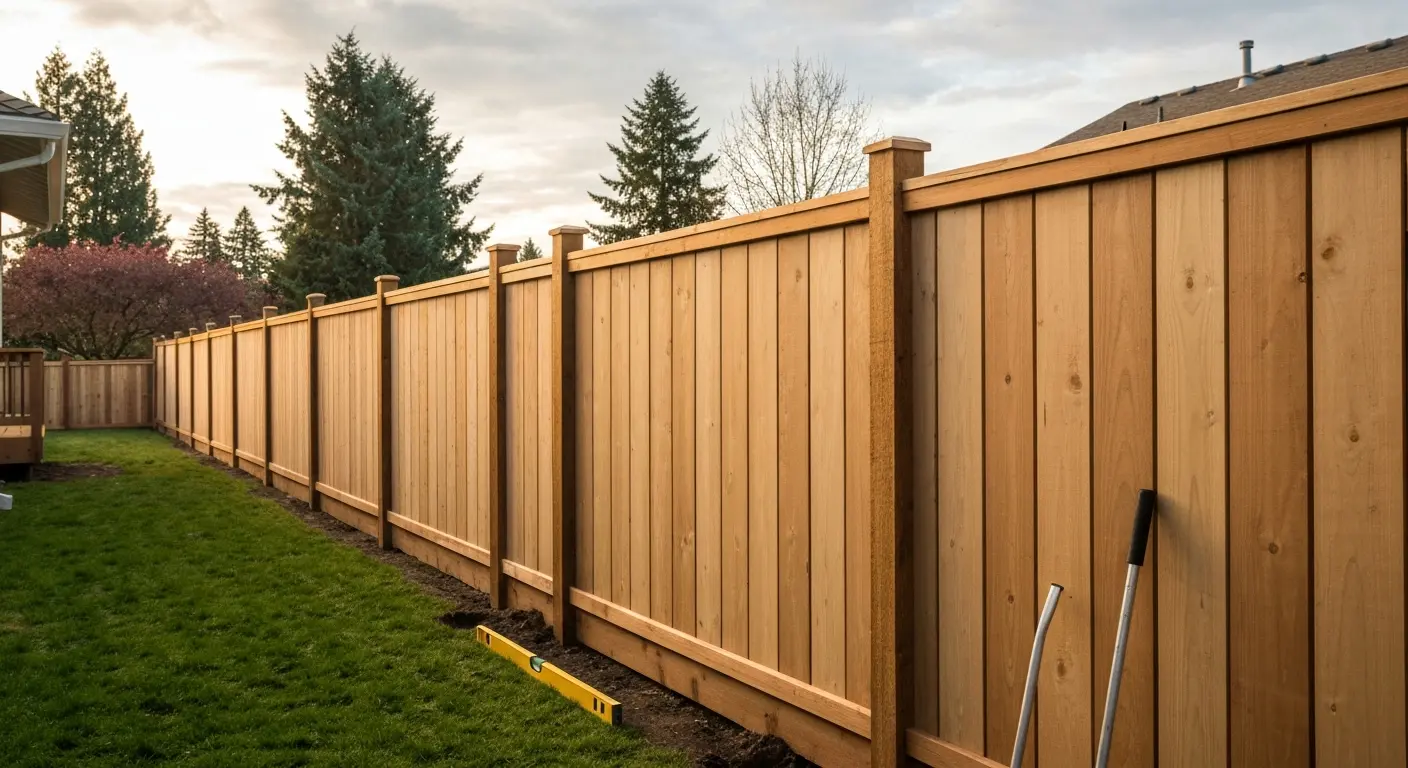 Wood fence installation in residential yard