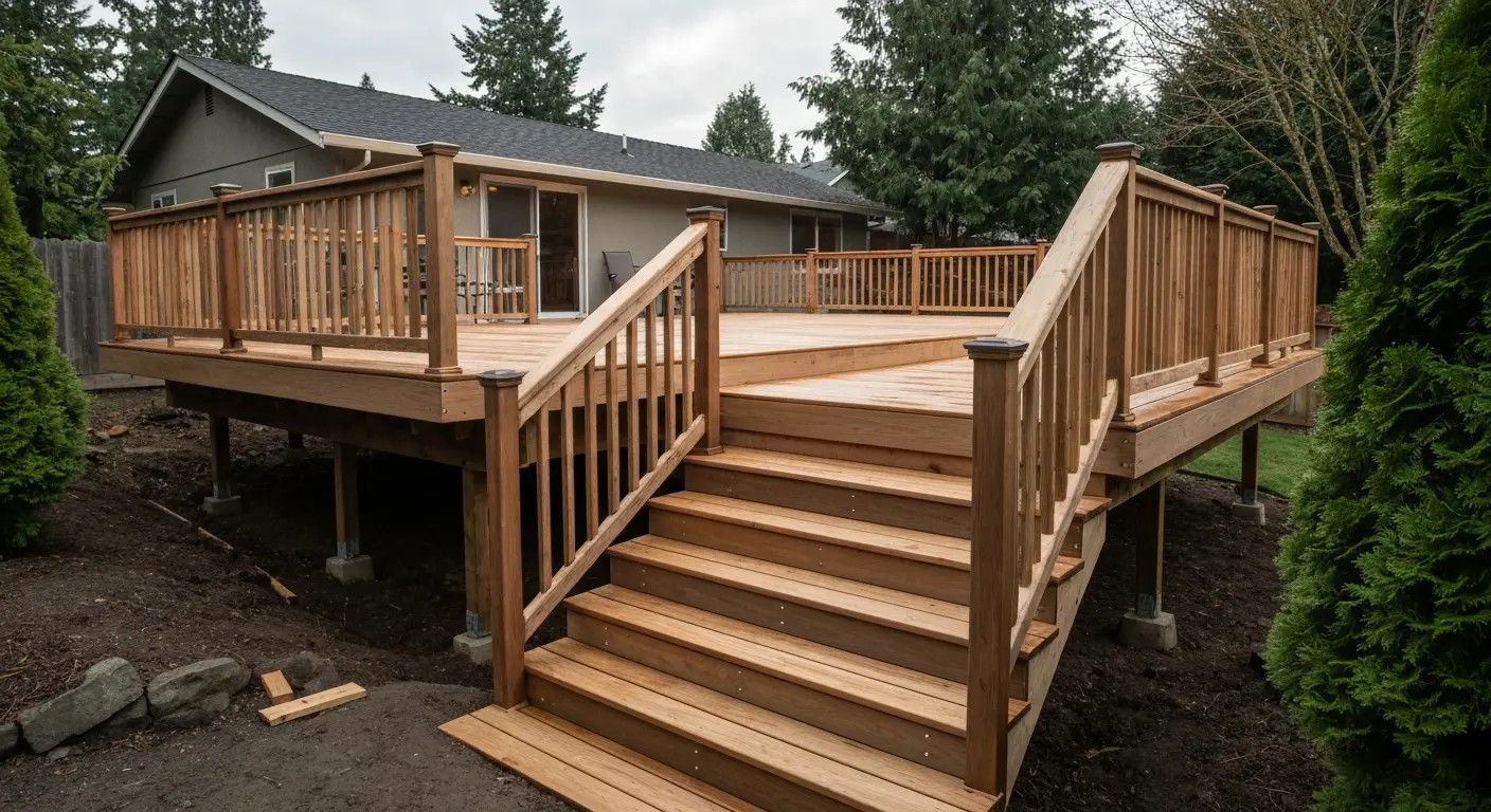 Multi-level deck with stairs on sloped lot