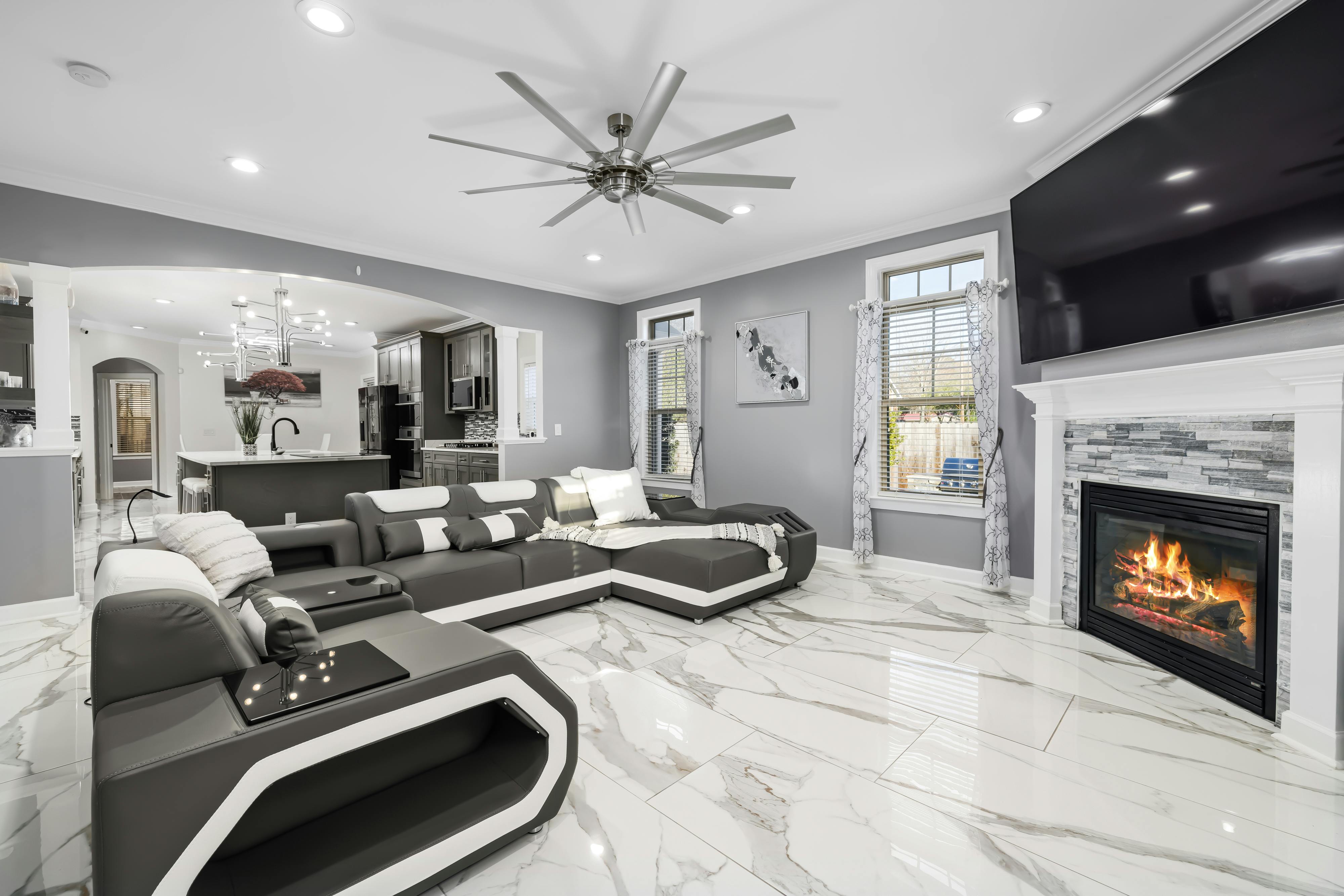 Tile fireplace surround with modern pattern