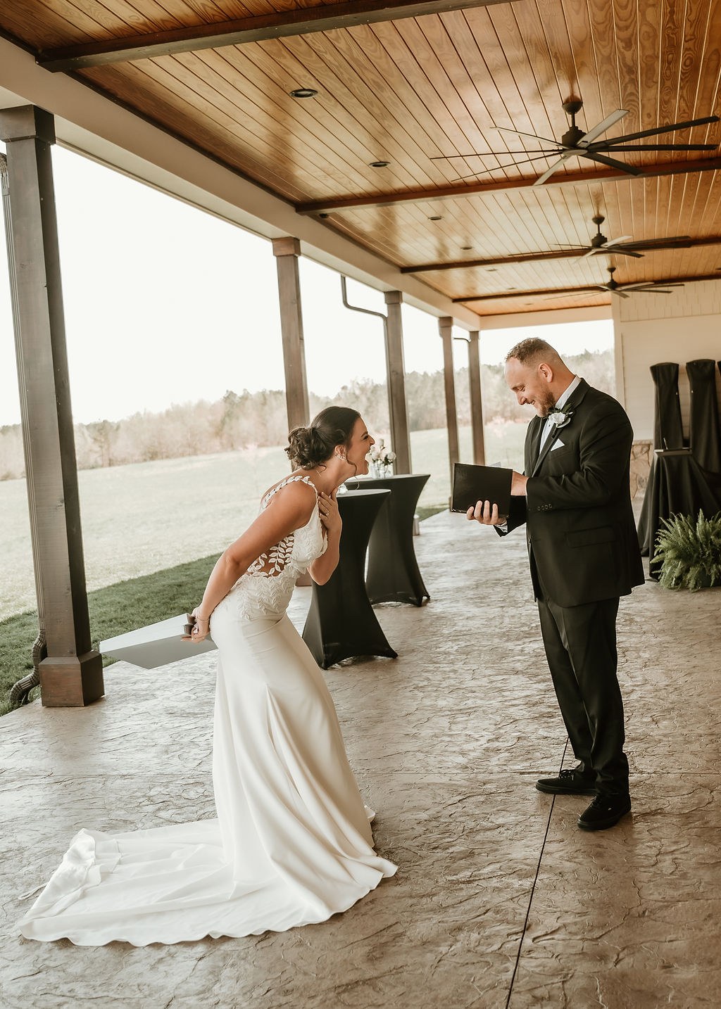 Guests mingling on the covered porch