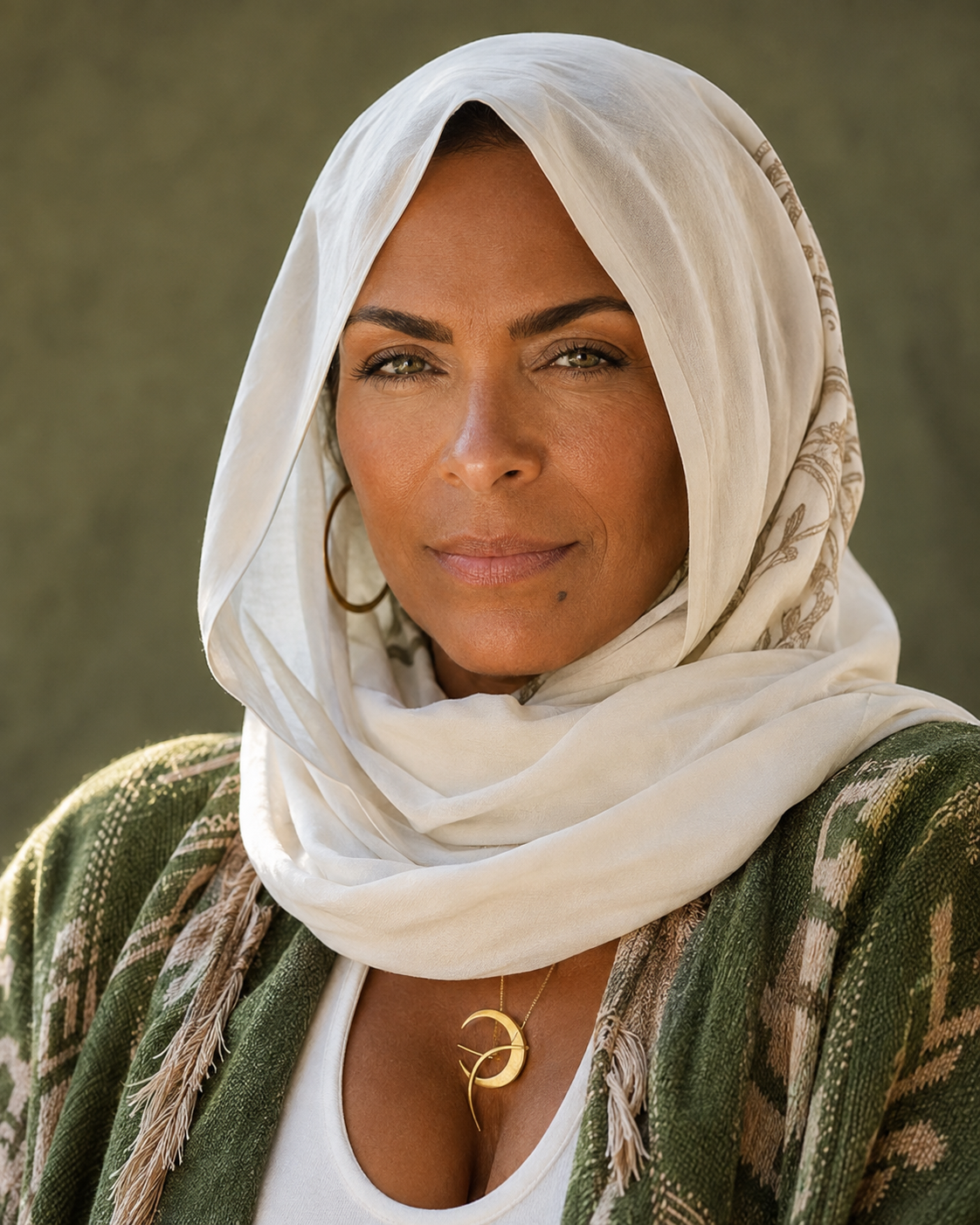 Darieth Chisolm in a white scarf, representing the contemplative spiritual storyteller