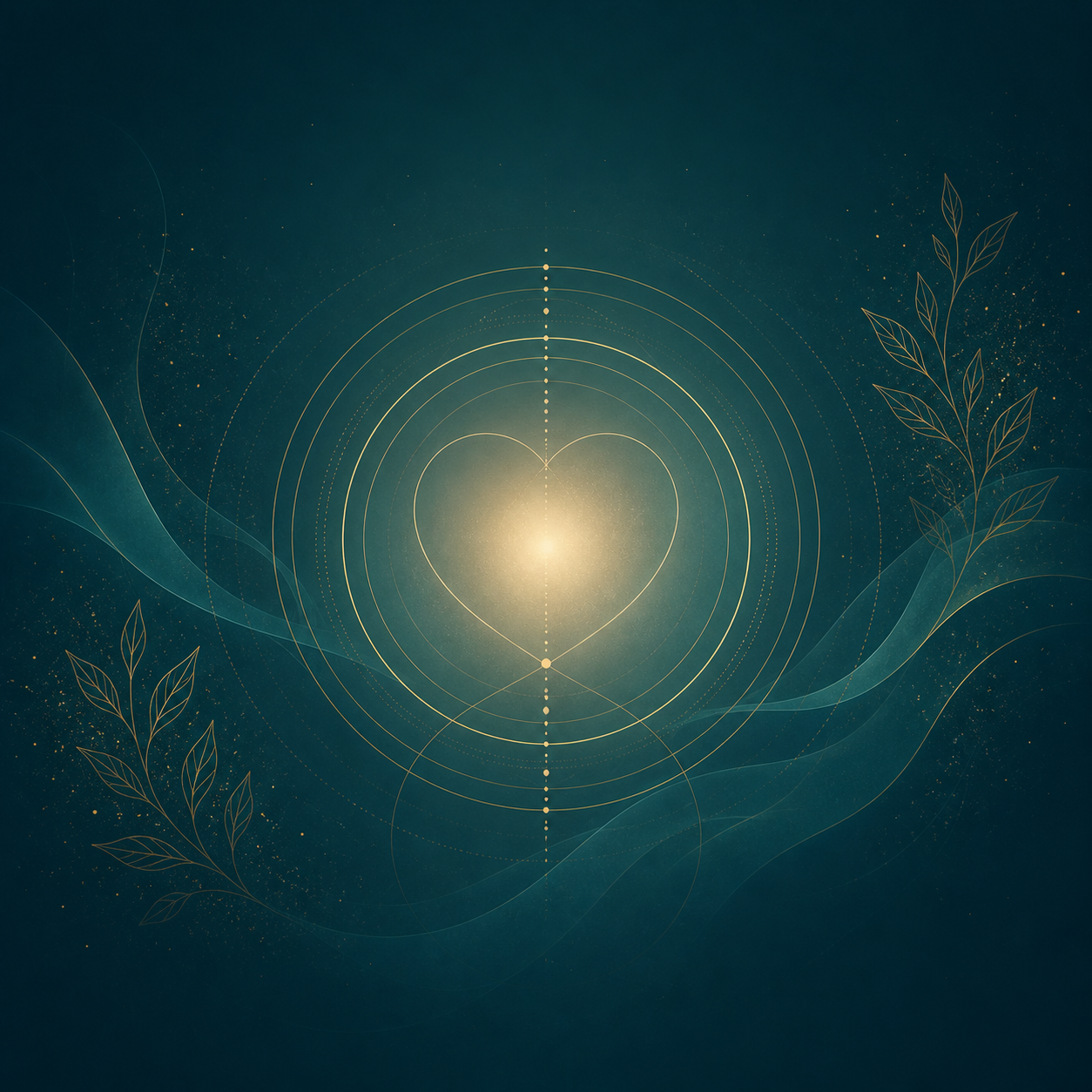 Glowing gold heart with sacred geometry and botanical lines on deep teal