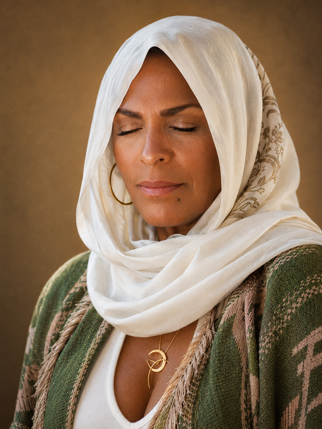 Darieth Chisolm in a white scarf, representing the contemplative spiritual storyteller
