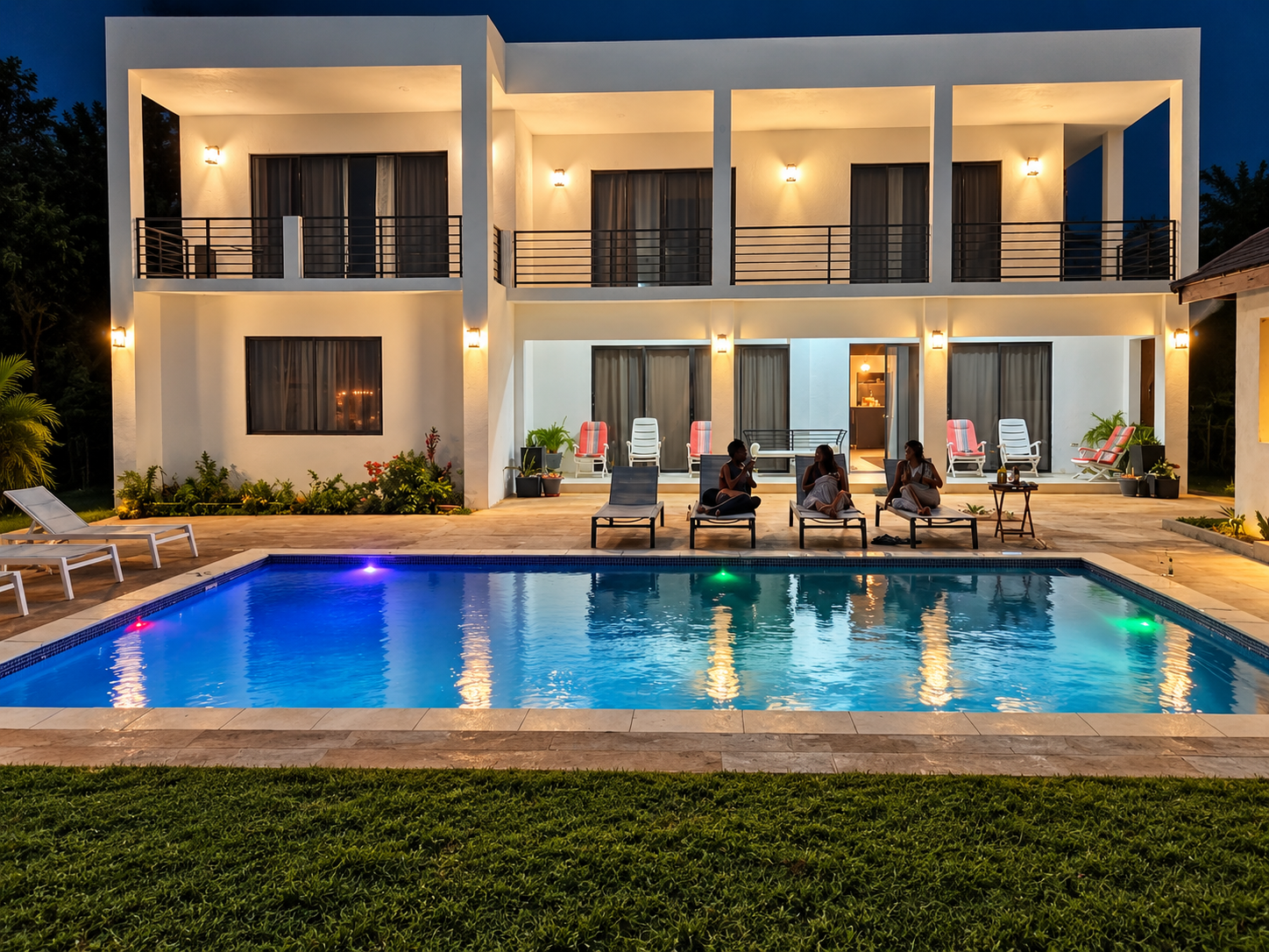 Private retreat villa and pool at night