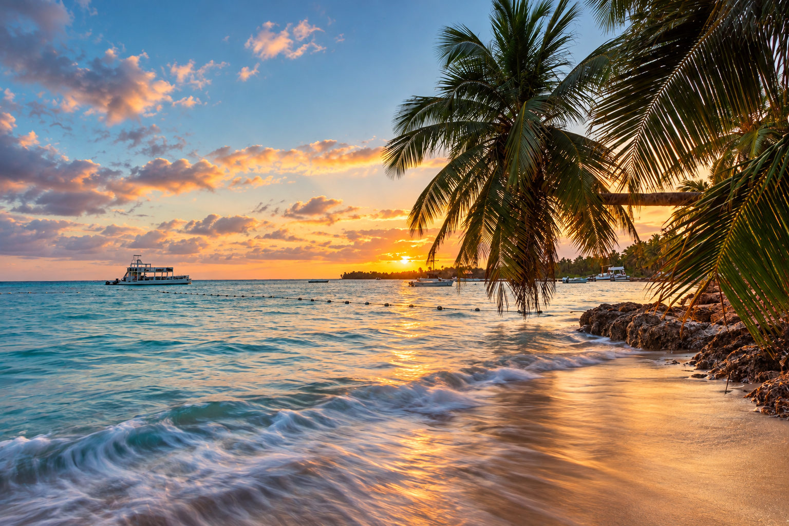 Palm-lined Jamaican shoreline at sunset