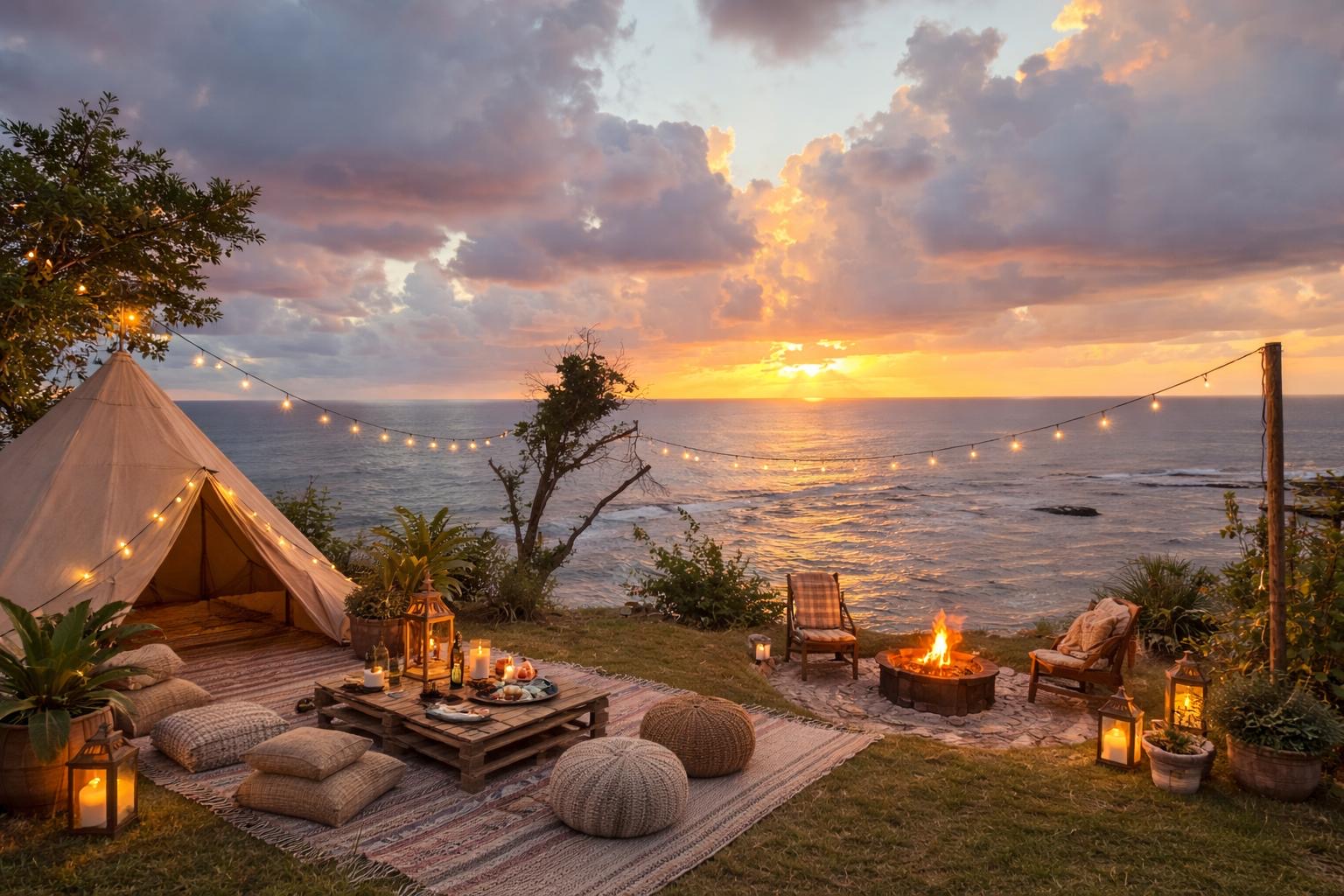 Outdoor wellness and gathering space overlooking the ocean