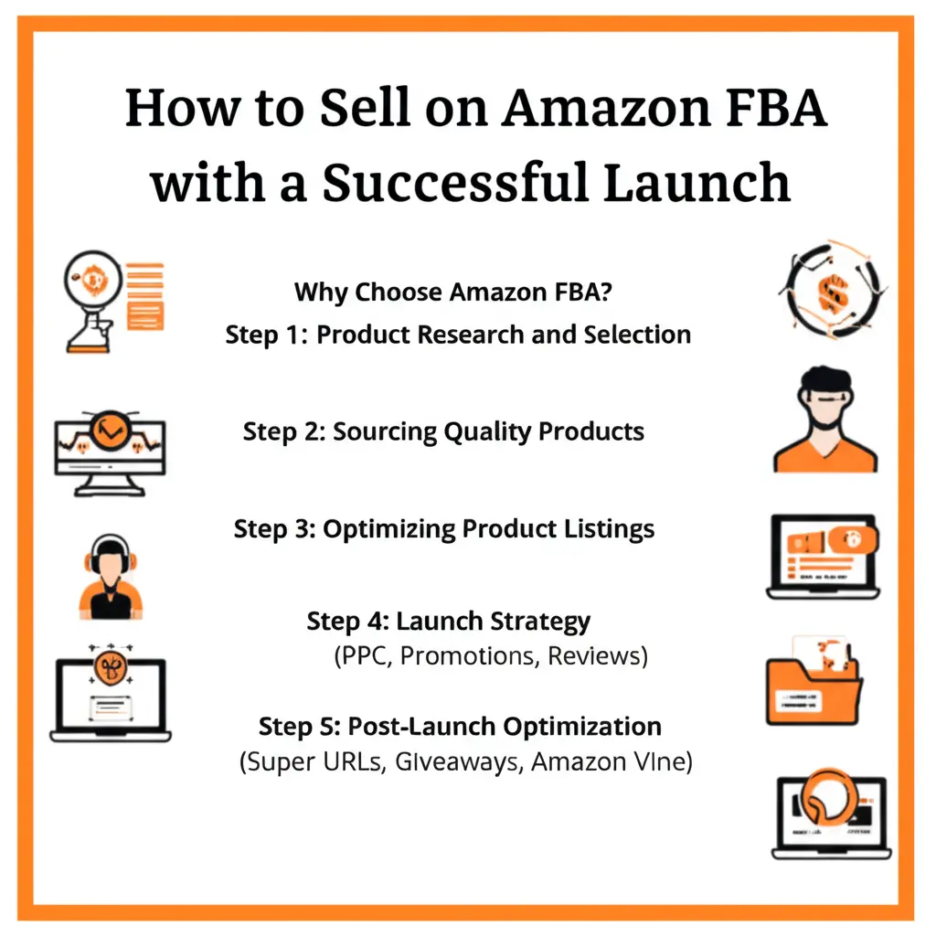 Infographic titled 'How to Sell on Amazon FBA with a Successful Launch' outlining key steps including product research, sourcing, listing optimization, launch strategies, post-launch optimization, and hidden secrets like giveaways and Amazon Vine program.