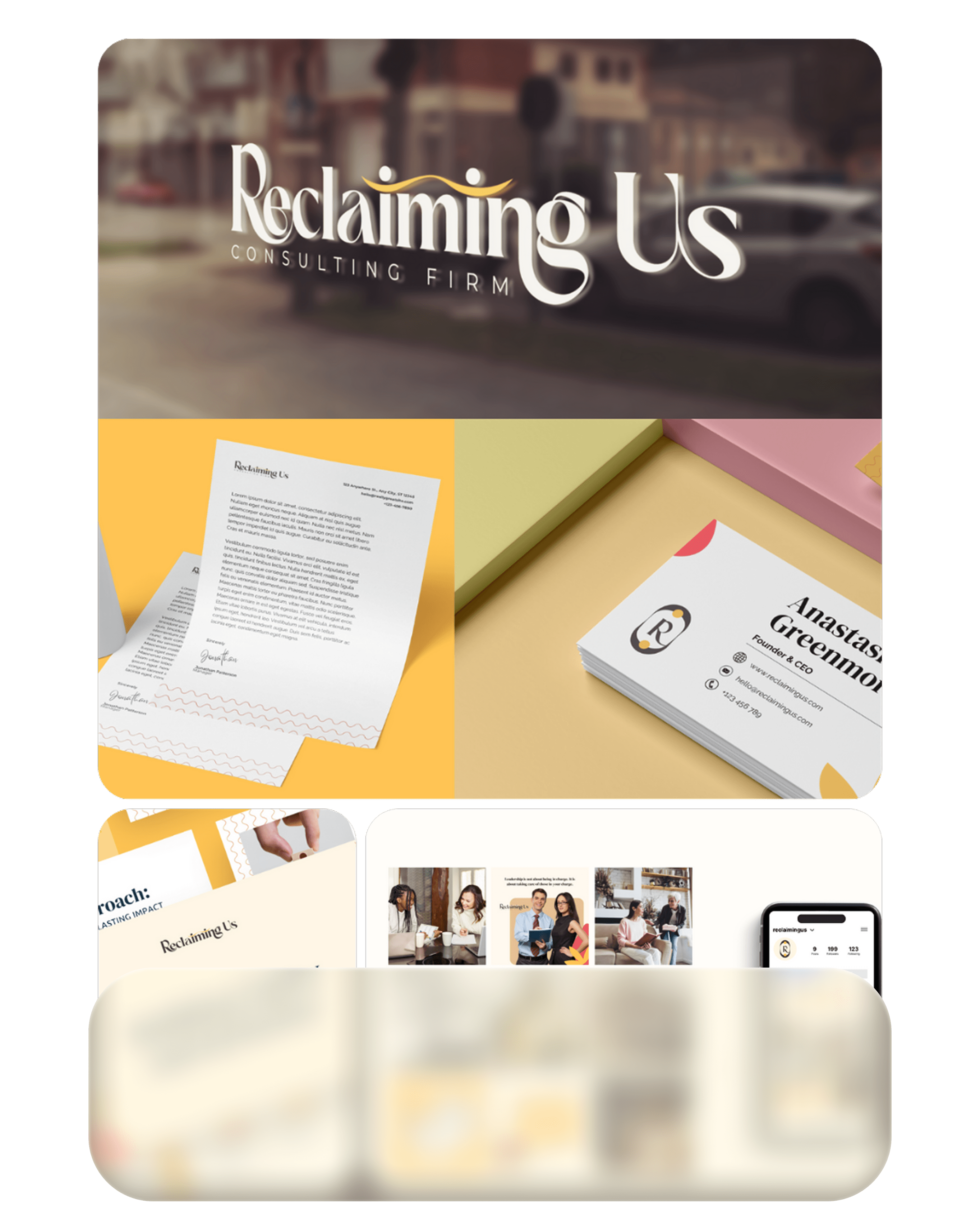 A brand design mockup for SavvyChic Design client, Reclaiming Us, with text that says 'A glimpse into our creative world,' showcasing the agency's portfolio and design work.