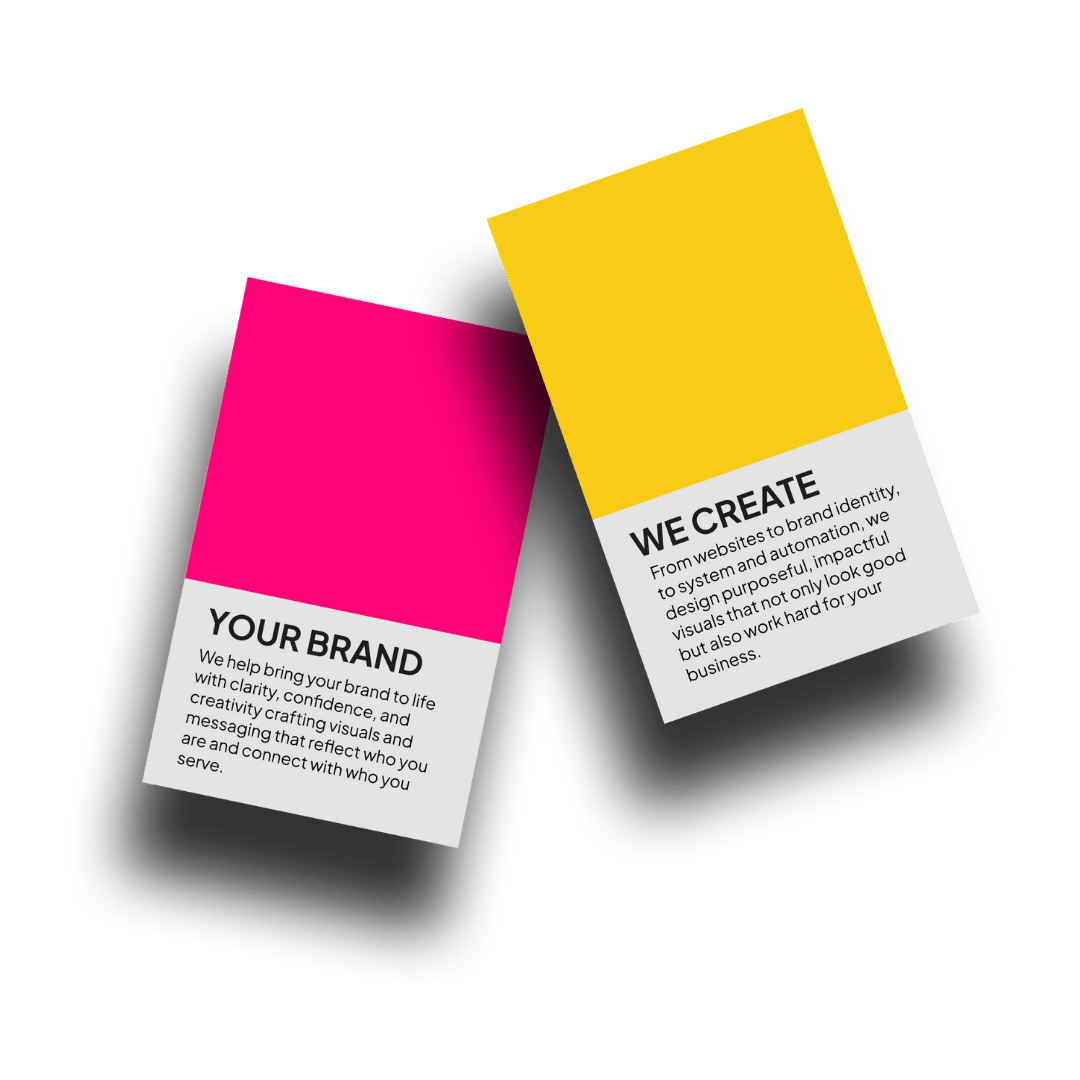 Two distinct Pantone color swatches from SavvyChic Design, one yellow with 'Your Brand' overlaid and one pink with 'We Create' overlaid, collectively representing brand identity, creative services, and design capabilities.