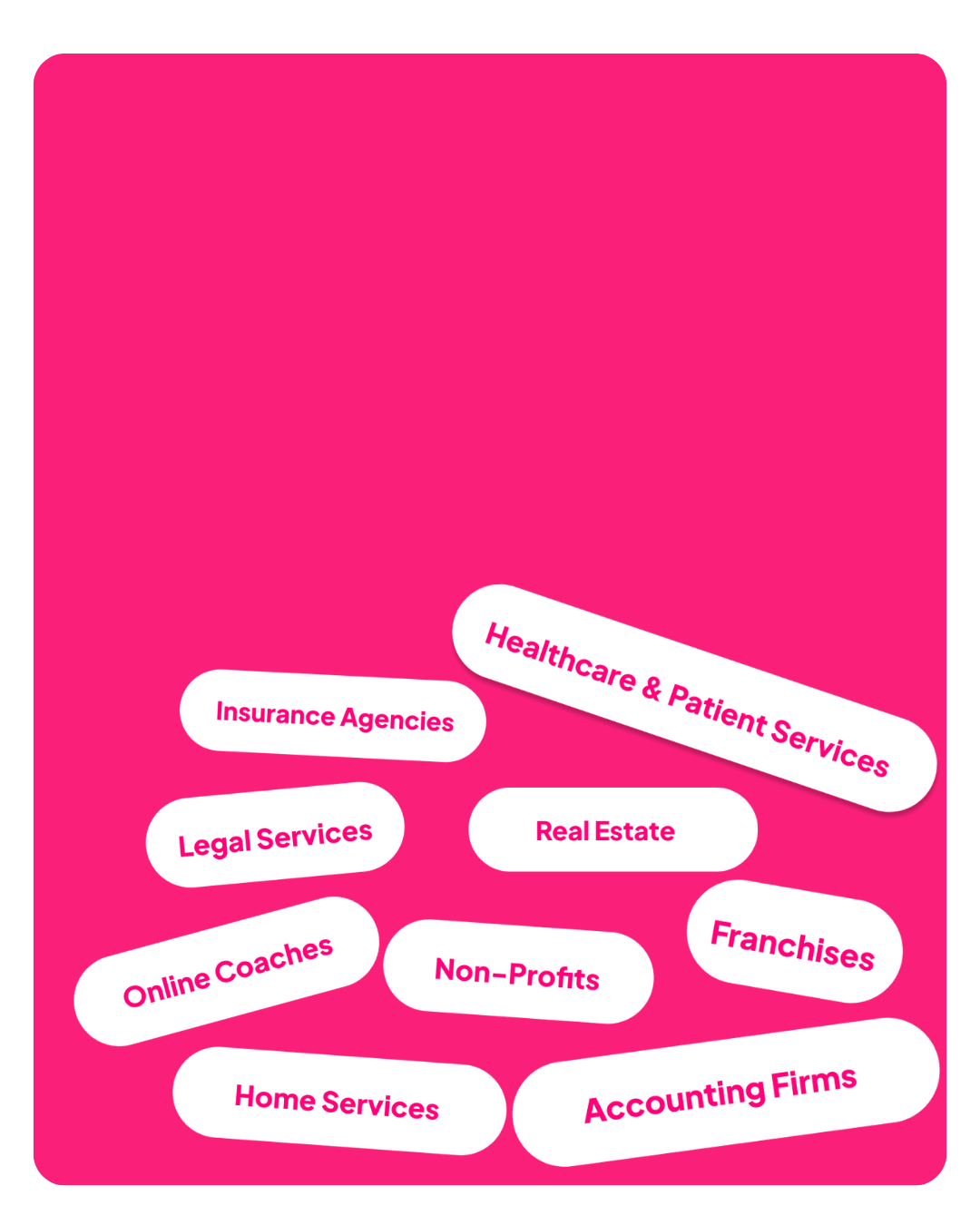 A graphic from SavvyChic Design showing a pill-shaped visual, each labeled with a name of a client and the business industry they represent, highlighting the diverse clientele the agency serves.