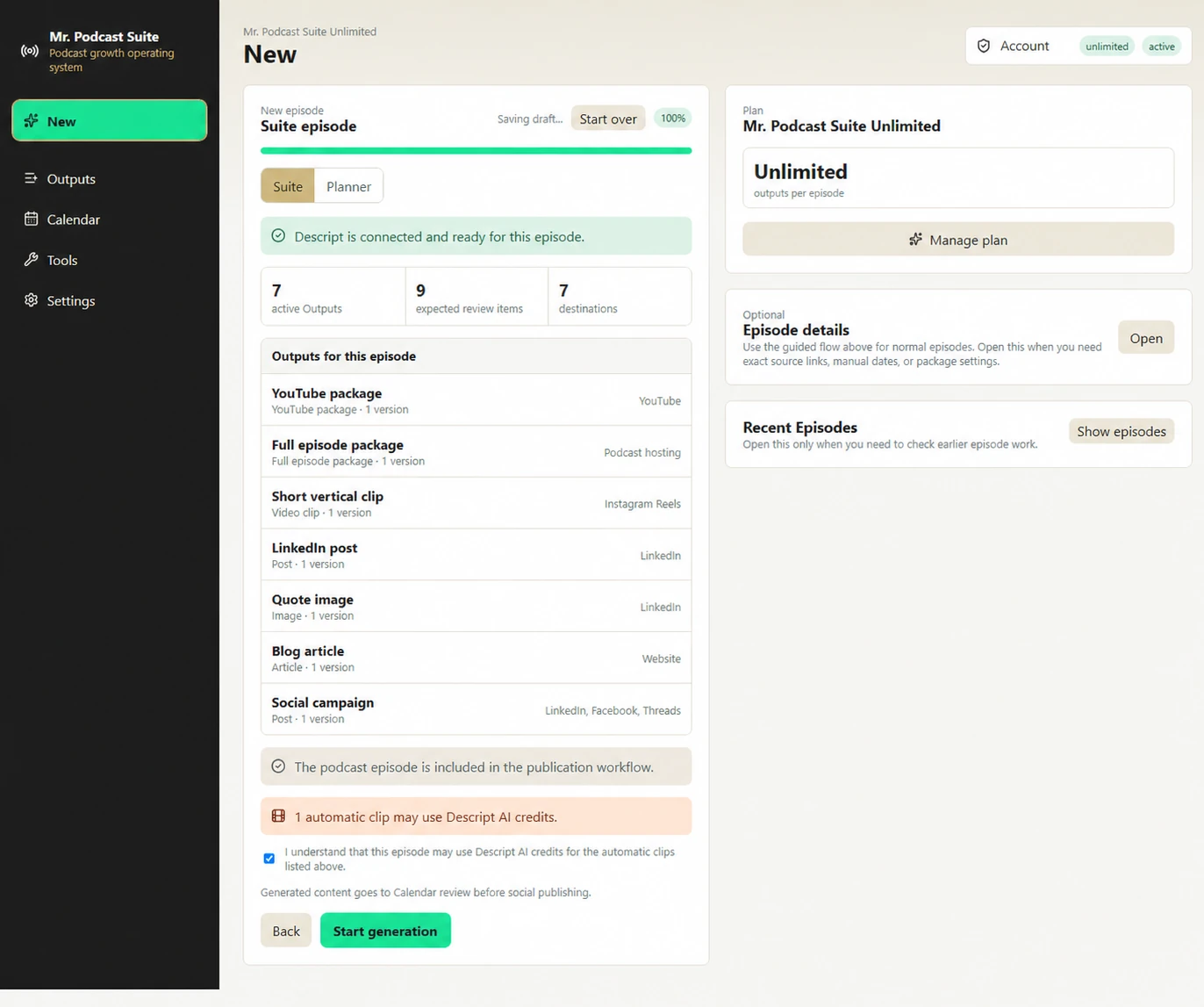 Mr. Podcast Suite episode workflow with publishing outputs, hosting and plan controls