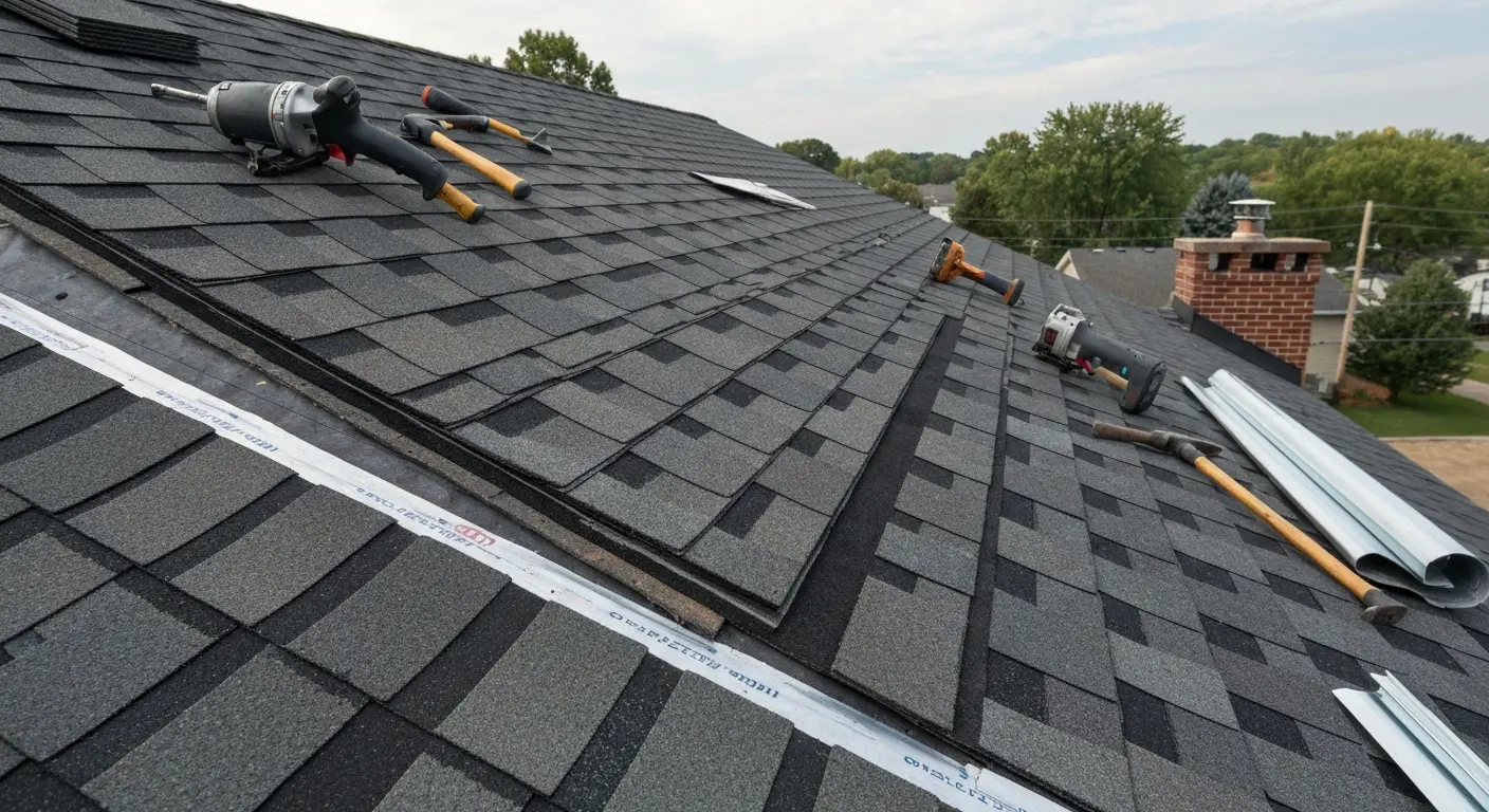 Roof repair work in progress