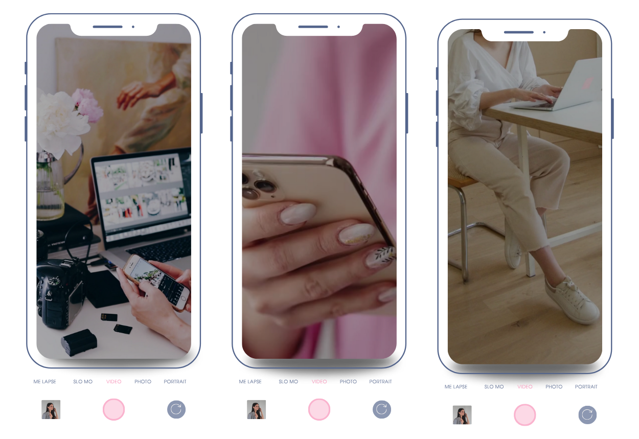 Three mobile phone mockups showing aesthetic faceless video clips, showcasing hands, devices, and workspaces with a title reading “290+ Faceless Reels” for content creators and marketers.