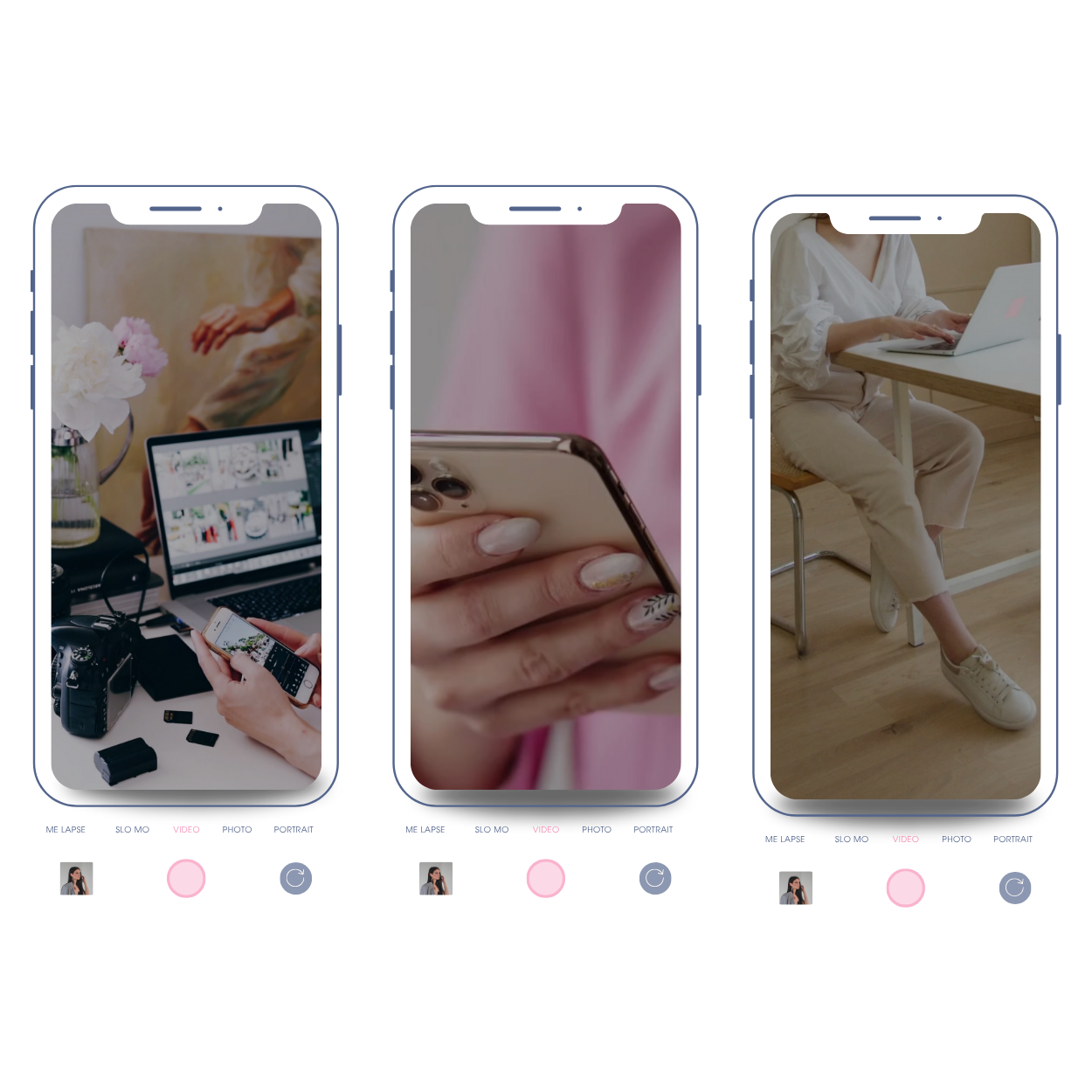 Three mobile phone mockups showing aesthetic faceless video clips, showcasing hands, devices, and workspaces with a title reading “290+ Faceless Reels” for content creators and marketers.