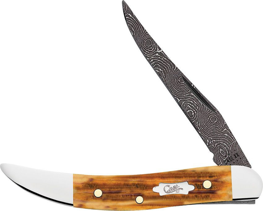Small Texas Toothpick 52424 Damascus Burnt Goldenrod Jigged Bone