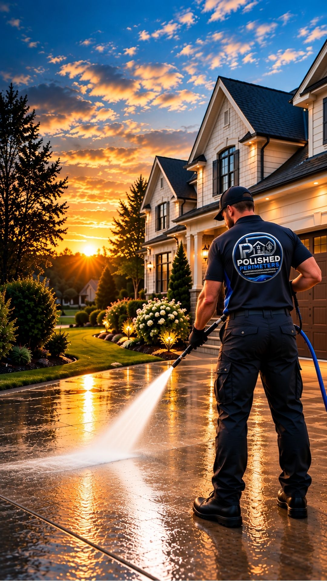 Professional pressure washing technician cleaning an upscale Hampton Roads home