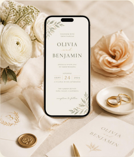 A digital Filipino wedding invitation displayed on a mobile phone beside flowers and wedding rings