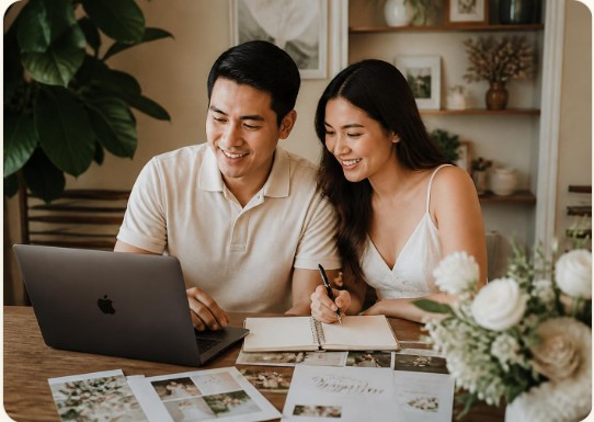 A Filipino couple planning their wedding details together at home