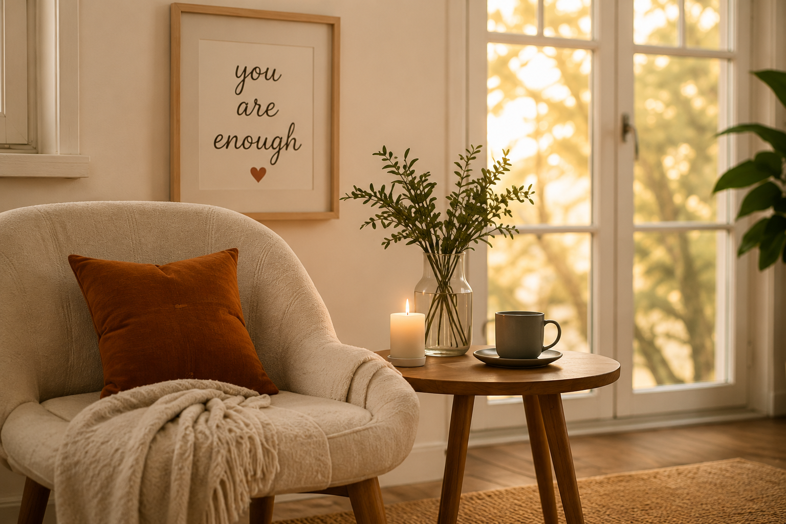 A warm, peaceful sitting area with a chair, side table, candle, and framed message reading you are enough