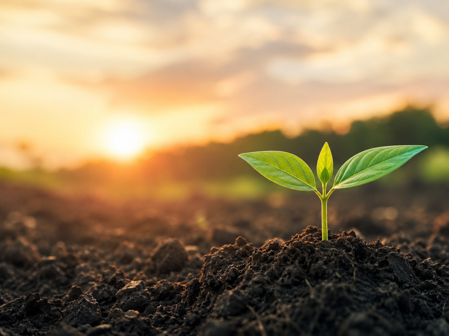 A young green sprout growing from soil at sunrise
