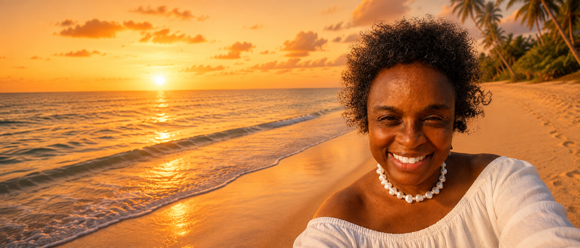 Ms. Erica smiling on a beach at golden hour