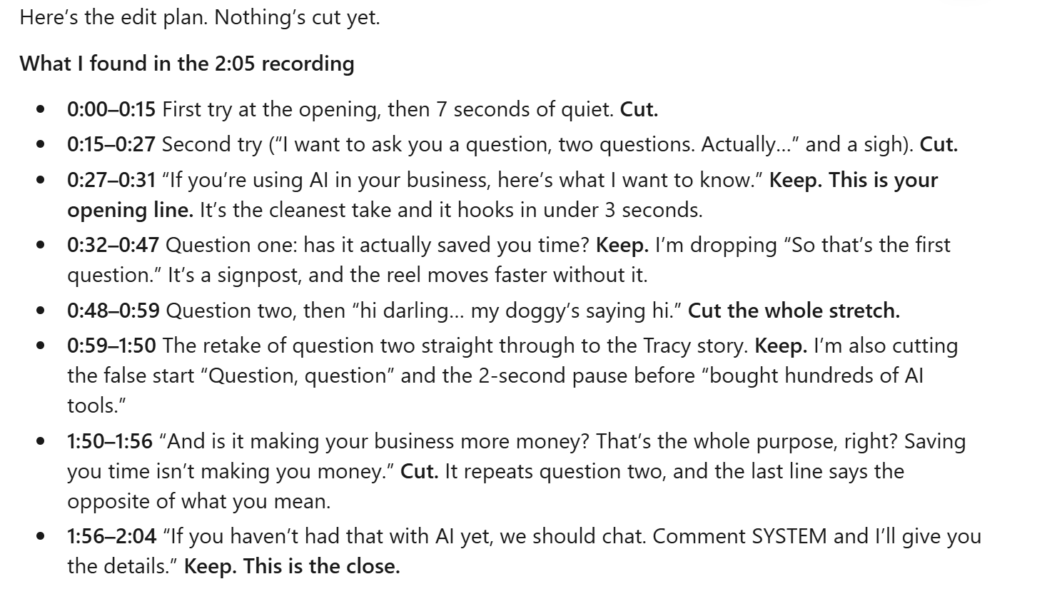 The Video Editor's cut list for the 2:05 recording, with each section marked keep or cut and why