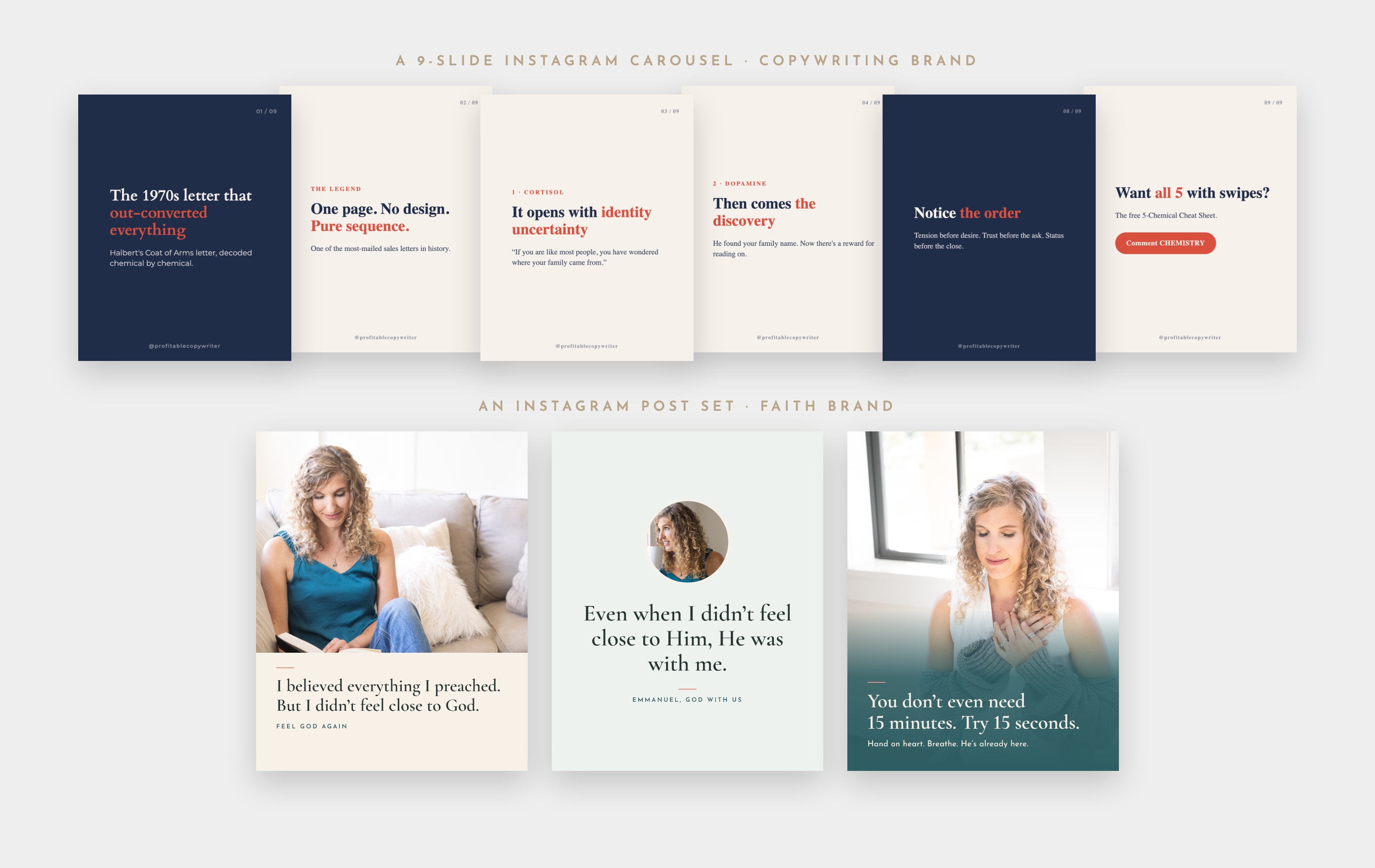 A 9-slide Instagram carousel for a copywriting brand and a 3-post Instagram set for a faith brand, both made by VoiceprintOS