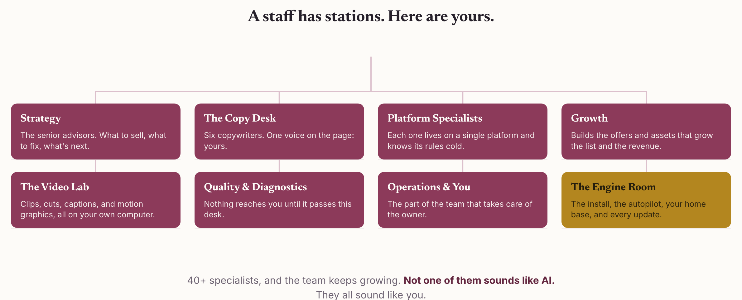 The VoiceprintOS team: Strategy, The Copy Desk, Platform Specialists, Growth, The Video Lab, Quality and Diagnostics, Operations and You, The Engine Room