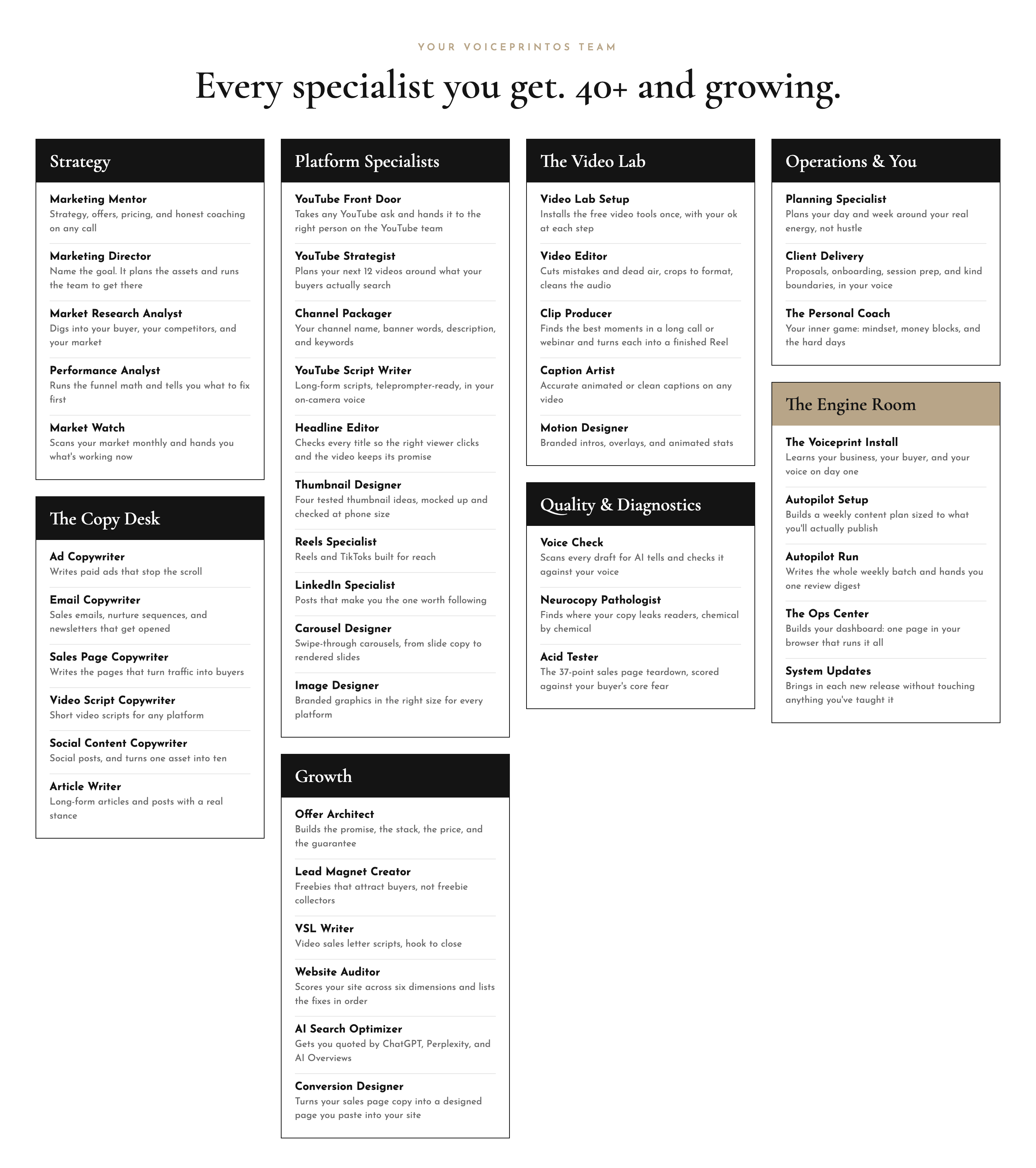 Every VoiceprintOS specialist, grouped into Strategy, The Copy Desk, Platform Specialists, Growth, The Video Lab, Quality and Diagnostics, Operations and You, and The Engine Room