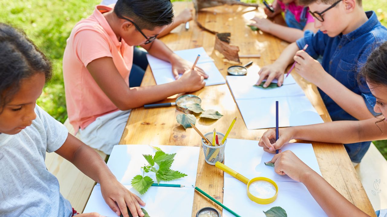Children studying nature outdoors at a table