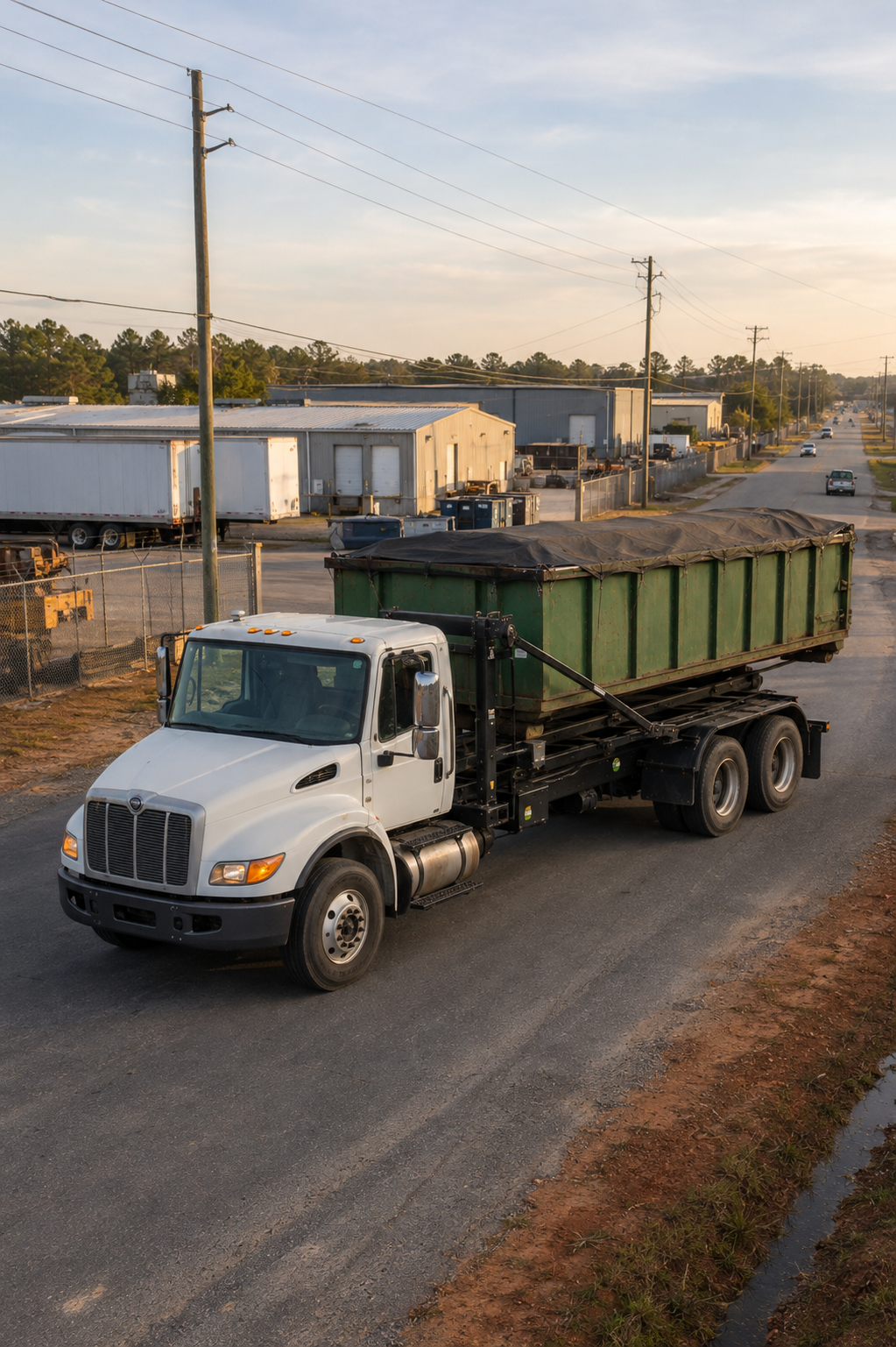 A service truck on an interchange approach road in early morning haze